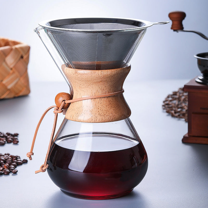 Cafetière pour-over en verre borosilicaté avec col en bois et filtre inox