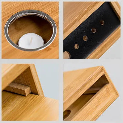 Réchaud à bougie bambou sous une théière en fonte