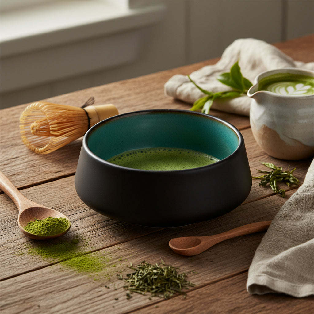 Bol à matcha Ice Crack en situation avec fouet chasen et matcha fouetté