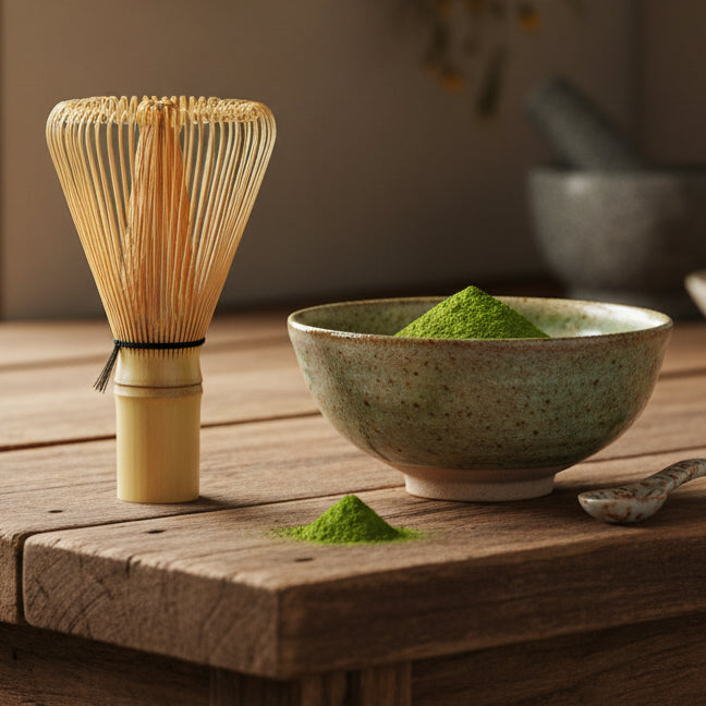 Chasen en bambou posé près d'un bol de matcha fraîchement préparé