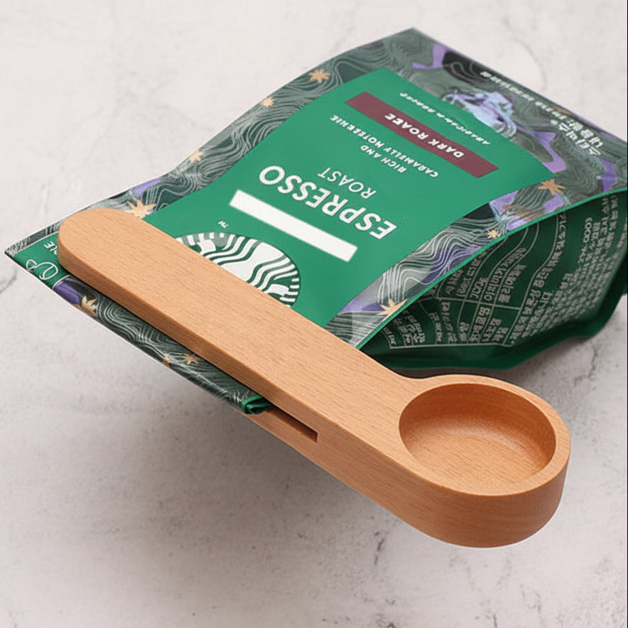 Cuillère doseuse en bois de hêtre avec clip de fermeture pour sachet