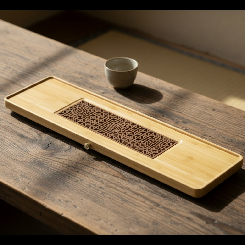 Plateau à thé en bois massif style japonais, format 50 x 15 cm